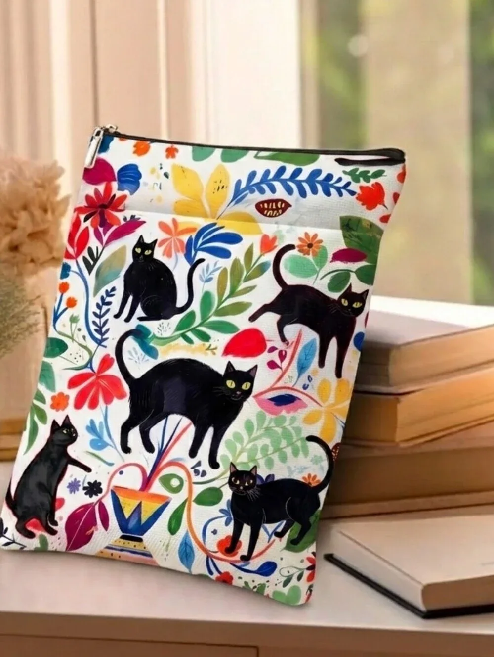 Black Cat Floral Canvas Zippered Pouch  Tablet Case Book Sleeve Cover NWT Gift